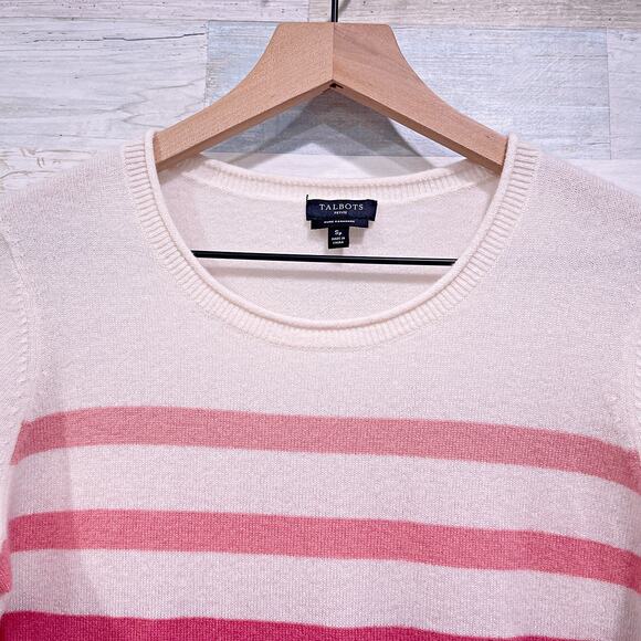 Talbots Pure 100% Cashmere Sweater Cream Stripe Crewneck Womens Small Petite SP - Picture 2 of 7